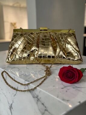 Jessica McClintock Gold Crocodile Embossed Faux Leather Evening Bag